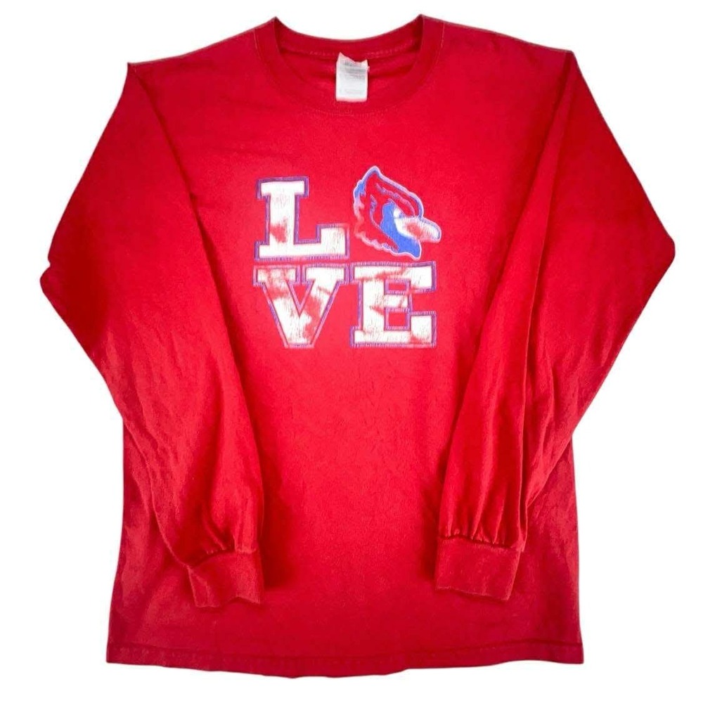 Gildan Red Long Sleeve Graphic T-Shirt LOVE Cardinal Bird Small Soft Cotton